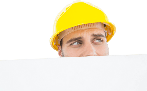 Curiously peeking construction worker behind transparent white board