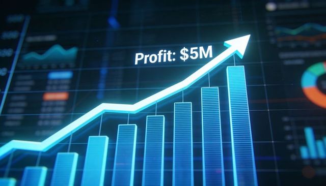 Neon blue ascending bar chart showing profit $5m with upward arrow on digital dashboard