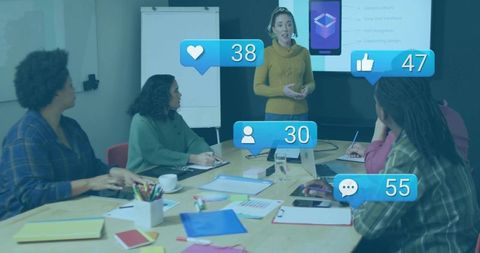 Business Team Engaged in Innovative Presentation with Social Media Influence