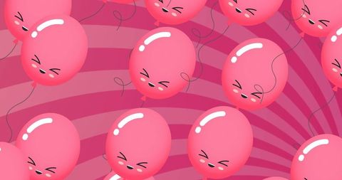 Playful pink balloons floating against spiraled red background
