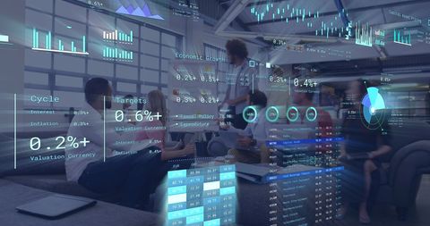 Financial Data Overlay with Diverse Team Collaboration in Office - Download Free Stock Images Pikwizard.com
