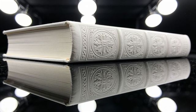 White embossed leather book reflecting on glossy black surface with ornate medallions