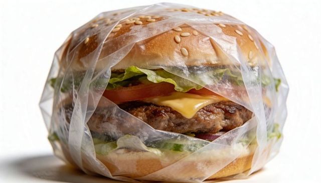 Wrapped cheeseburger with sesame bun and melted cheese closeup for menu and packaging