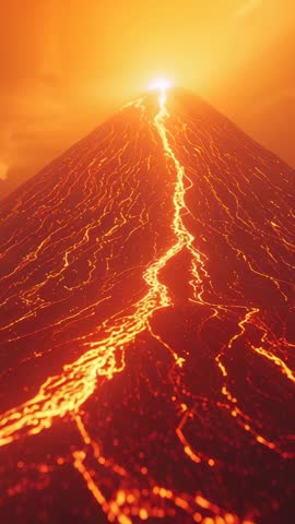 Vertical volcanic eruption with glowing lava channels flowing down cone