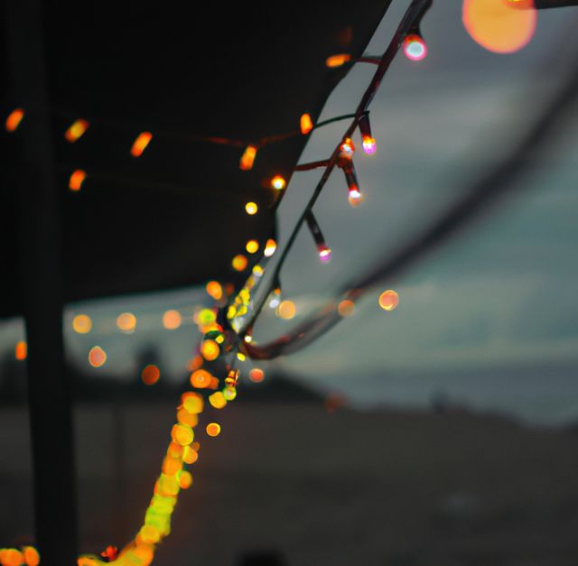String lights glow warmly at dusk, creating a cozy and inviting atmosphere. The background has a natural blur, emphasizing the bokeh effect of the lights. Useful for illustrating festive events, outdoor gatherings, holiday decorations, or creating a warm and intimate evening ambiance.