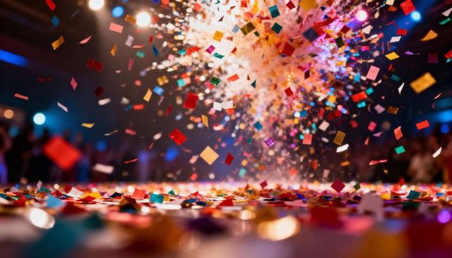 Vibrant confetti explosion covering stage floor with spotlights and blurred crowd bokeh