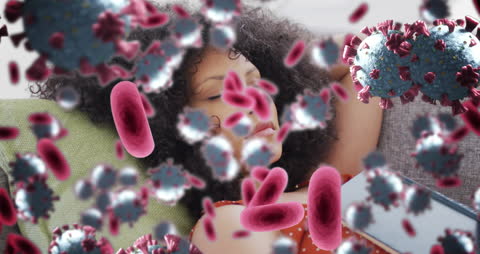 Visualizing COVID-19 Virus Cells Surrounding Relaxing Woman