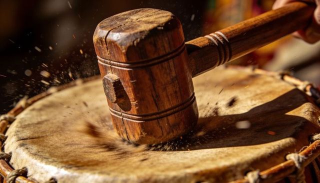 Wooden mallet striking taut frame drum, dust flying, high-impact percussion action