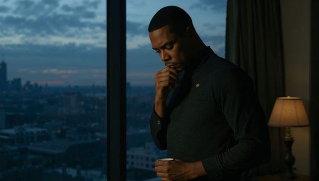 Contemplative man standing by highrise window holding cup at dusk with moody city skyline