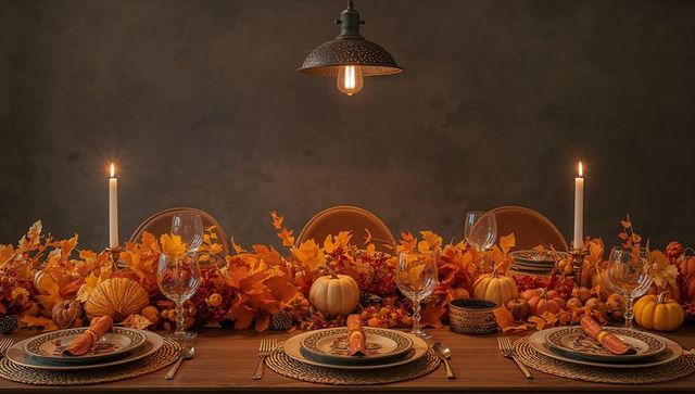 Rustic autumn dinner table with pumpkin centerpiece, leaf garland and candlelit ambience