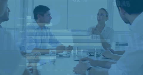 Business Team Analyzing Market Trends with Financial Data Overlay