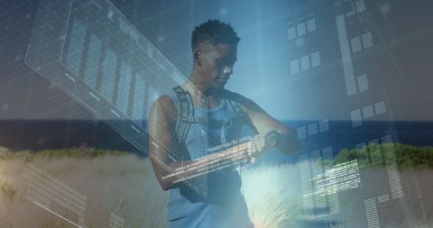 Digital fitness technology interface with athlete in outdoor training