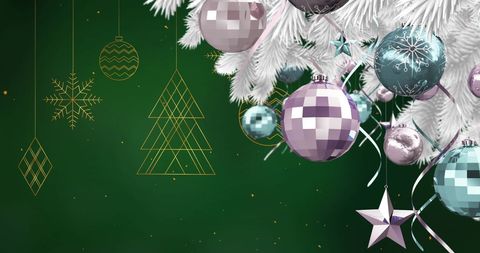 Festive Christmas Tree Decorations with Modern Design on Green Background