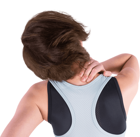 Brunette Woman with Transparent Background Holding Neck in Discomfort