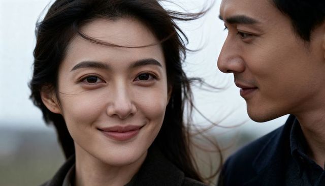 Windblown couple portrait smiling woman facing camera while partner watches with affection