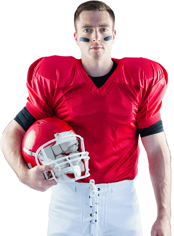 American football athlete in red gear holding helmet on transparent background