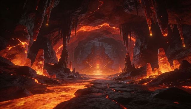Glowing Lava Portal in Volcanic Cavern with Basalt Path Leading to Futuristic Gate