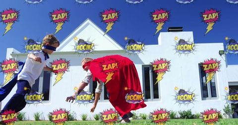 Mother and son playing superheroes with comic book effects