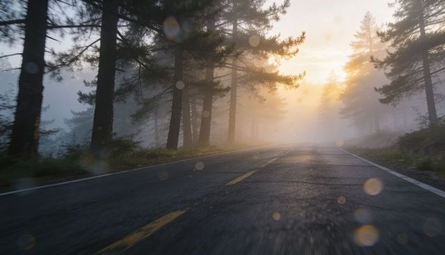 Wet two-lane road receding through foggy pine forest at sunrise with lens flare
