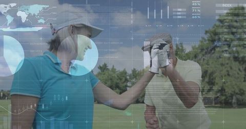Golfers Fist Bumping with Futuristic Data Overlays
