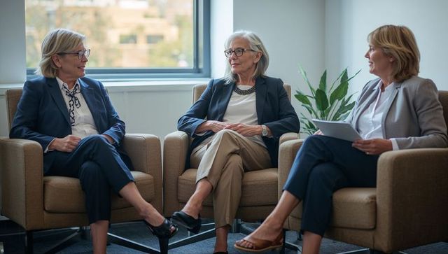 Senior female executives conversing in modern office lounge during informal meeting