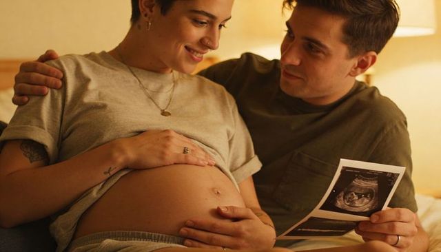 Expectant couple sharing ultrasound and cradling pregnant belly in warm soft light