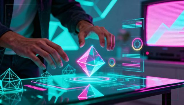 Hands manipulating holographic crystal diamond hovering above neon interactive touch table