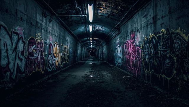Moody urban tunnel featuring intricate graffiti art