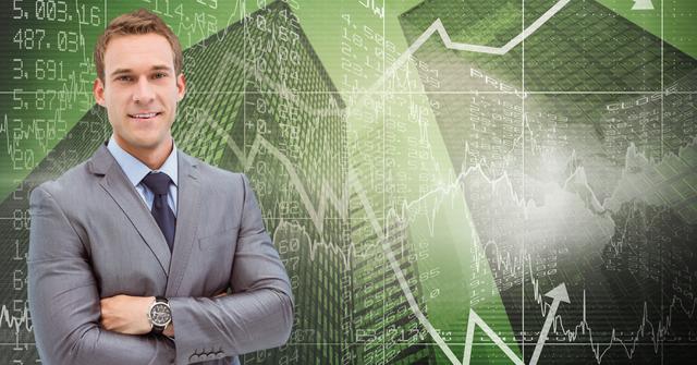 This image depicts a confident business executive standing with arms crossed against a digital background filled with financial data and stock market charts. Ideal for use in business presentations, financial reports, corporate websites, investment brochures, and articles related to finance, economy, and business growth.