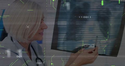 Doctor Analyzing X-ray with Digital Interface in Modern Radiology Lab