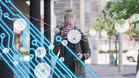 Albino Man Using Smartphone with Digital Network Overlay