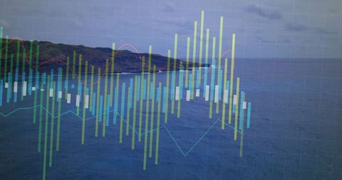 Dynamic Financial Chart Overlaying Tranquil Coastal Landscape