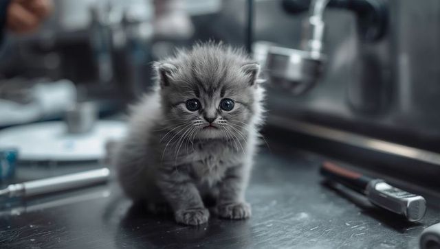 Curious kitten on workbench amidst industrial tools