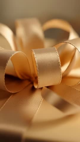 Vertical close-up of golden ribbon bow on luxury gift box showing shimmer and texture