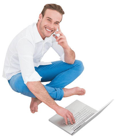 Smiling Man Sitting Cross-Legged with Laptop Transparent Background - Download Free Stock Videos Pikwizard.com