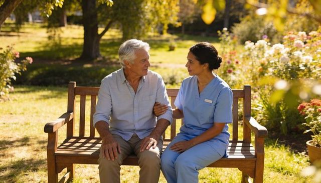Compassionate caregiver holding senior's arm on garden bench during sunny outdoor visit