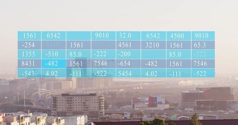 Urban cityscape with transparent numeric data overlay