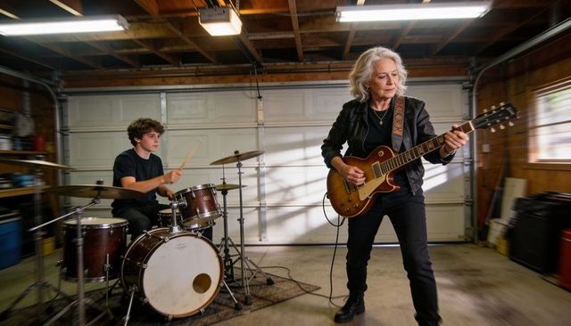 Senior woman riffing on sunburst electric guitar in garage band rehearsal with teen drummer