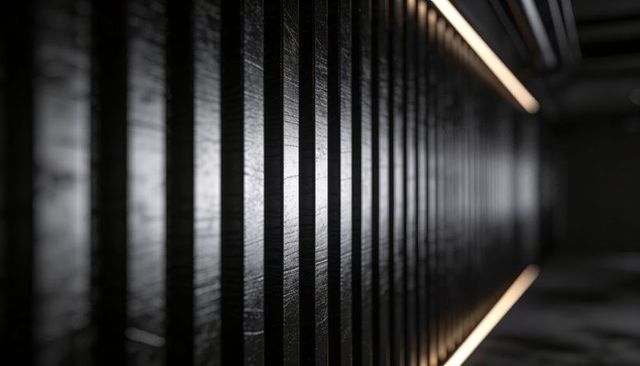 Dark vertical wood slats corridor with amber led strip lighting highlighting timber texture