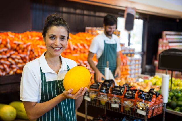 Portrait of female staff holding vegetable in supermarket