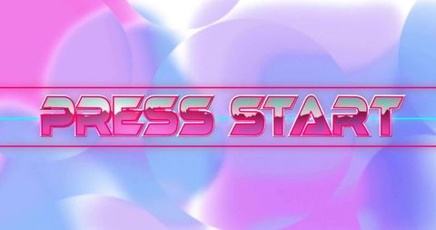 Press start neon vaporwave banner featuring pastel bokeh and chrome beveled typography