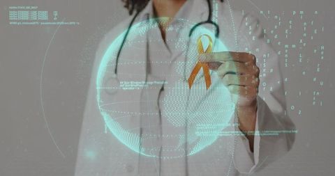 Doctor highlighting global healthcare innovations with orange awareness ribbon