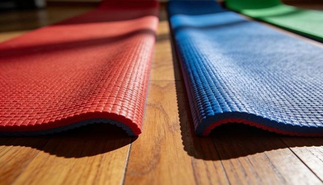 Colorful yoga mats curling on sunlit wood floor, textured foam exercise pads for workout
