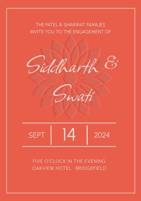 This elegant engagement announcement features a stylish floral design set against a vibrant coral background. Perfect for inviting guests to a special engagement party, it showcases the couples' names and event details prominently, making it easy to personalize. Ideal for sharing on social media or printed invitations.