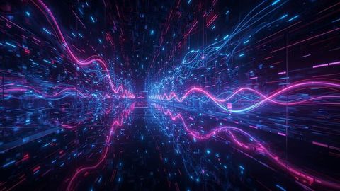 Vibrant Neon Waveforms Converge in Futuristic Tunnel