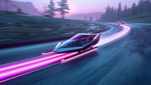 Futuristic hover racer emitting neon magenta and cyan light trails on curved mountain road