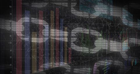 Displaying dark financial data with layered bar charts, candlesticks and network graph