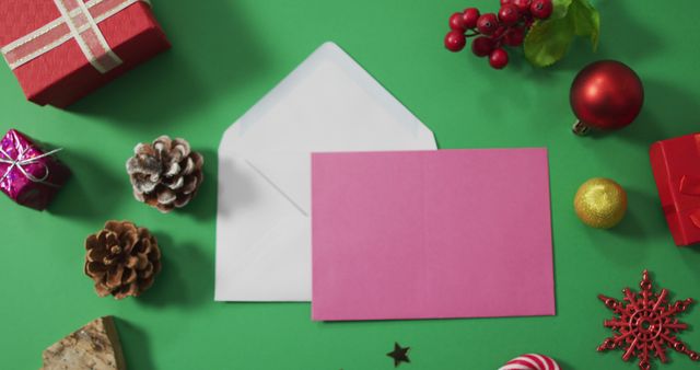Christmas decorations with envelopes and copy space on green background. christmas, tradition and celebration concept.