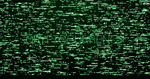 Glitchy cryptocurrency text on black abstract