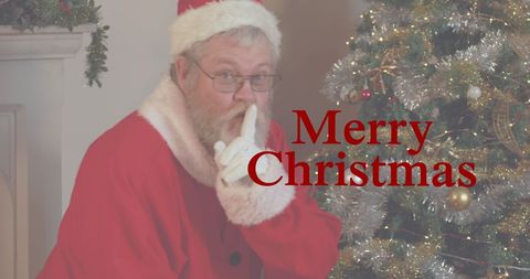 Santa Claus Shushing Near Ornamented Christmas Tree